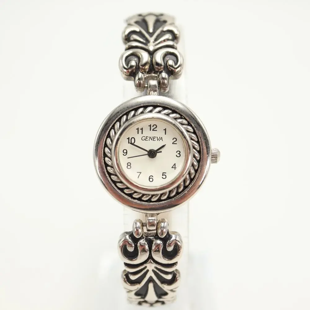 Vintage Geneva Silver Tone Patina 26mm Womens Watch Victorian w New Battery